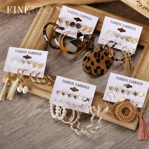 Fashion Leopard Acrylic Drop Earrings Set Bohemian Geometric Pearl Rattan Tassel Dangle Earrings for Women Statement Jewelry