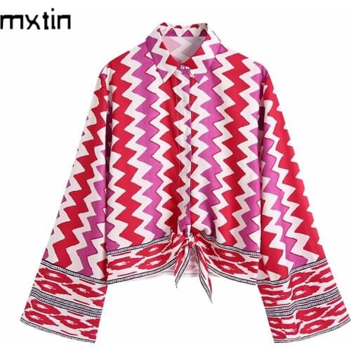 MXTIN 2021 Women Autumn Fashion Print Single Breasted Blouses Vintage Lapel Collar Long Sleeve Bow Tie Female Shirt Casual Tops