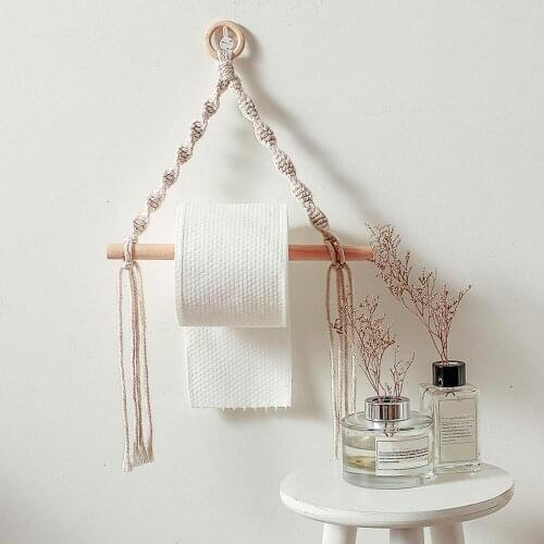 Nordic Toilet Paper Holder Dispenser Hand-woven Tapestry Macrame Wall Hanging Bathroom Towel Rack Decoration Tapestry Wooden