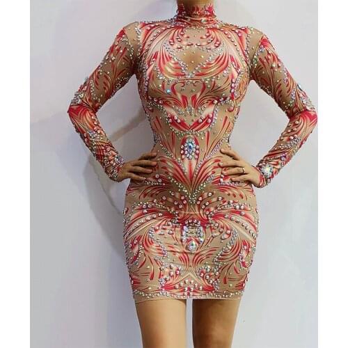 Nude Rhinestone Dress Evening Birthday Celebrate Costume Stretch Spandex Short Dress Singer Dj Gogo Dance Rave Clothes VDB3608