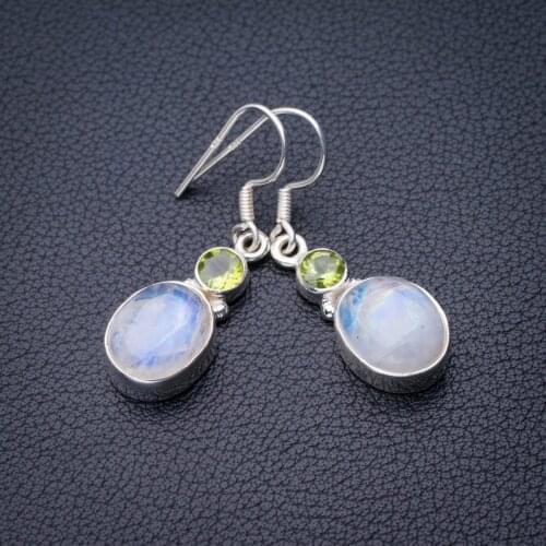 StarGems Natural Rainbow Moonstone And Peridot Handmade 925 Sterling Silver Earrings 1.5" E0823