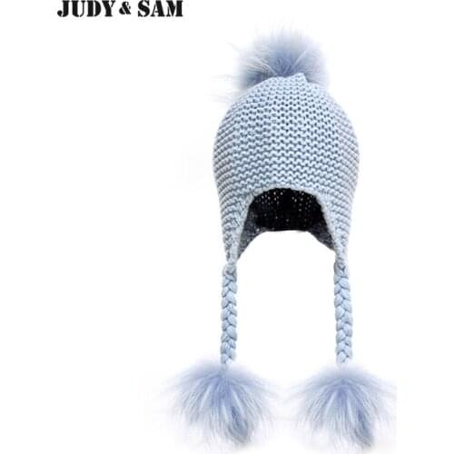 New Unisex Soft Wool Blend Knitted Baby Hat 12 Colors Real Raccoon Fur Pom Pom Kids Cap Headwear Fur Ball children hats