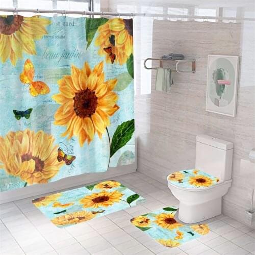 Yellow Sunflower Shower Curtain Bath Mat Set Carpet Bathroom Bathing Partition Polyester Bath Accessories Summer Home Decoration