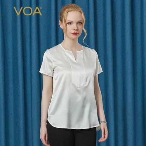 VOA Satin Silk 19m/m White V-Neck Back Pleated Breathable Skin-friendly Loose Micro-elastic B2123 Short-sleeved Woman Tshirts
