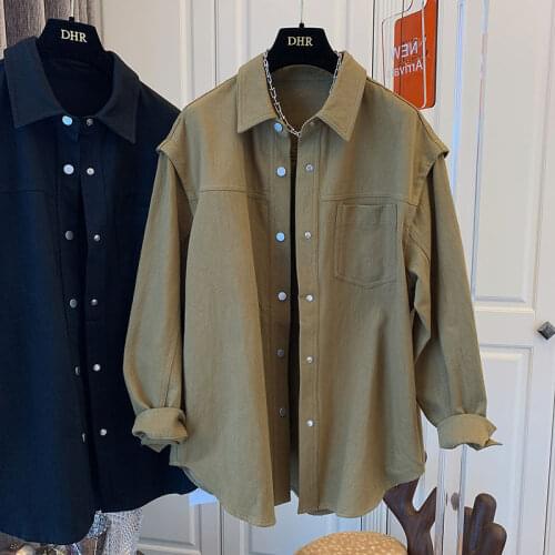 2021 Winter Chic Women Blouse Chic Turn Down Collar Long Sleeve Tops With Pockets Female Button Up Wash Denim Shirt Black Green