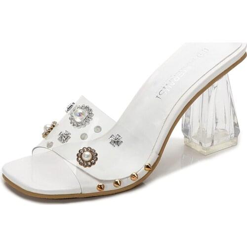 Ladies slippers, open toe high heels, dress shoes, rhinestone high heels, transparent slippers, ladies extra size 45 46 summer