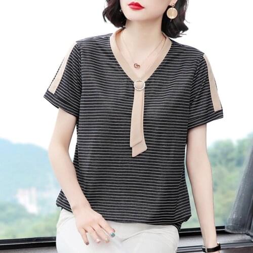 Women Spring Summer Style Blouses Shirts Lady Casual Striped Printed Short Sleeve Blusas Tops ZZ0663