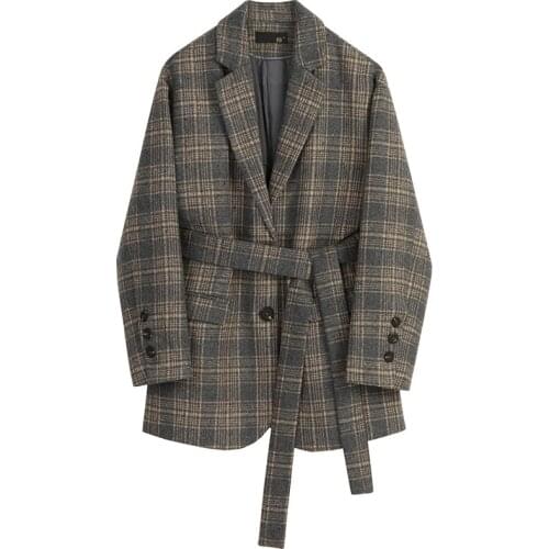 Women Blazer Plaid Ladies woolen Coat Long Sleeve Lace Up Womens Slim Suit Jacket