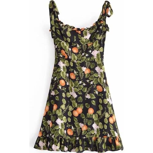 YENKYE Vintage Leaves Print Sexy Sling Dress Women Sleeveless Sweet Ruffle Prairie Chic Summer Vestido Mujer Holiday Short Robe