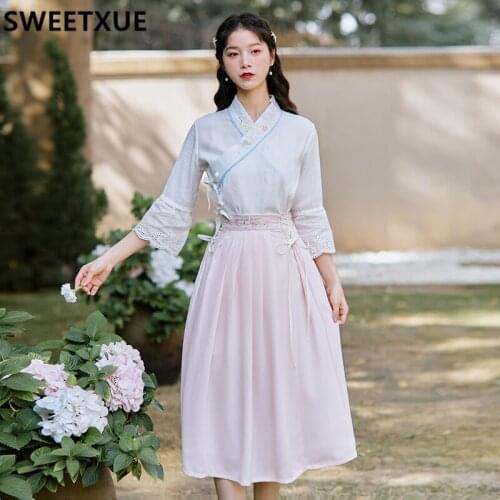 SWEETXUE Women Retro Fairy Summer Dress Hanfu Women Embroidered Flared Sleeves Top Midi Skirt Set Lady Princess Suit