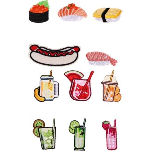 100pcs/lot Embroidery Patch Sushi Hot Dog Shrimp Pilaf Watermelon Strawberry Fruit Juice Clothing Decoration Craft Diy Applique