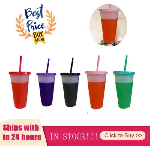 700ml/24oz Straw Cup With Lid Color Changing Coffee Cup Reusable Cups Plastic Tumbler Matte Finish Plastic Cup Wholesale