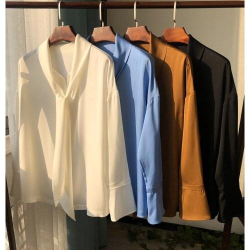 Elfstyle High-end Silk Long Sleeve V Neckline Solid Color Blouse Shirt Top With Ribbon Ties