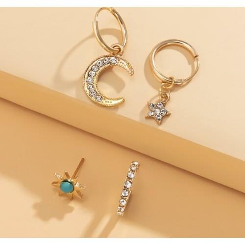 European and American Fashion Diamond-studded Moon Metal Set Earrings Retro Ethnic Style Star Alloy Earrings Wedding Gift 2021