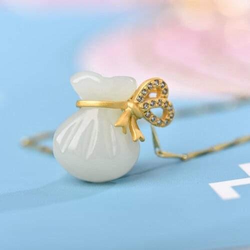 Natural Hetian jade pendant 925 Sterling Silver Necklace lady Necklace purse pendant 18K Gold Necklace Pendant exquisite jewelry