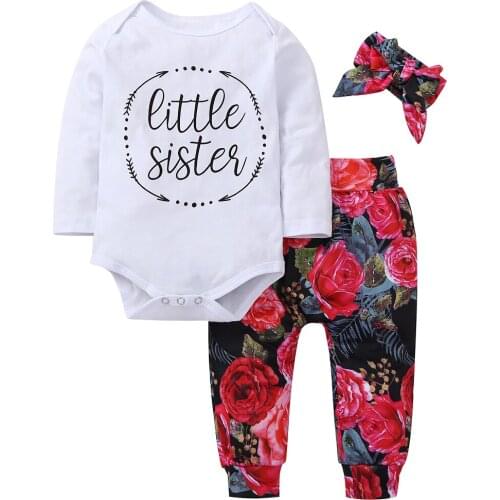 2020 Infant Baby Girls Clothes Long sleeve round neck letter print Bodysuit Floral Pants Hat 3Pcs cotton Newborn Outfits Set