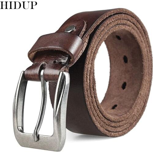 HIDUP Mens Top Quality 100% Solid Cowskin Men Cow Genuine Leather Belt Cowhide Alloy Pin Buckle Metal Belts Casual Styles NWJ311