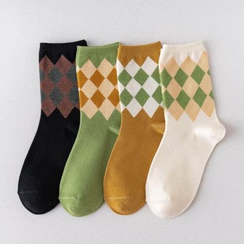 New Trend Retro Socks Female Diamond Plaid Colorful Tube Womens Socks Cotton Socks Korean Ladies Colorful Socks Wholesale