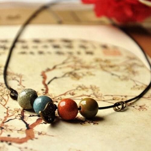 Leaf Pendant Necklace Women Colorful Ceramic Beads Leaves Statement Charm Choker PU Cord Black Link Chain Rope Jewelry