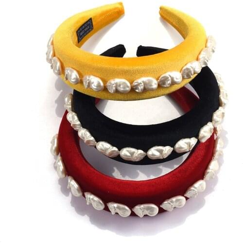 Women Sponge Thick Velvet Headbands Wide Simulation Pearls Headwear Padded Hairbands Hair Accessories For Girls Autumn