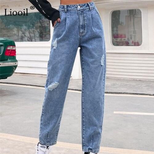 Liooil Ripped Jeans For Women High Waist Straight Leg Jeans With Pockrts Button Washed Blue Denim Trousers Summer Streetwear