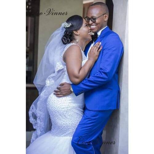 O Neck Sleevesless Wedding Dress Mermaid Style Pearls Beaded Plus Size Wedding Gown Pure White Wedding Party Dress Africa W0804