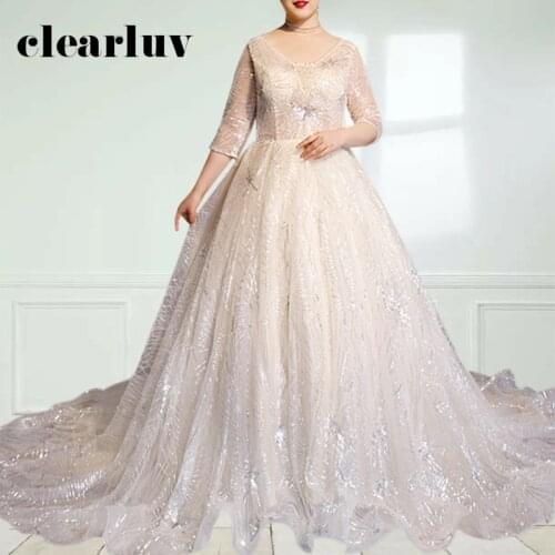 Sparkling Sequin Wedding Dress DR1042 Champagne A-Line Wedding Party Dresses V-Neck Half Sleeve Women Elegant Robe De Soiree