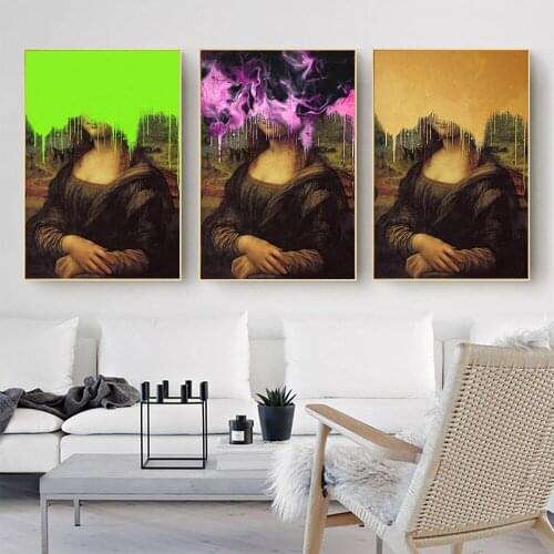 Green And Golden Paint On Mona Lisa Abstract Funny Canvas Wall Art Home Decor Poster Painting For Living Room Mural Cuadros