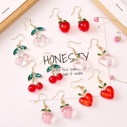 Trendy Kids Prevent Allergy Cute Cherry Apple Fruit Dangle Earrings For Women Girls Gifts Fashion Red Pink Acrylic Drop Earring