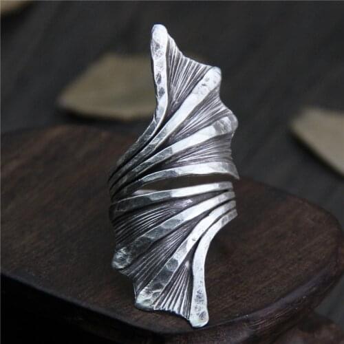 C&R Real S999 Sterling Silver Rings for Women Hyperbole Leaf Thai Silver Ring Opening Vintage Handmade Fine Jewelry Size 7-9