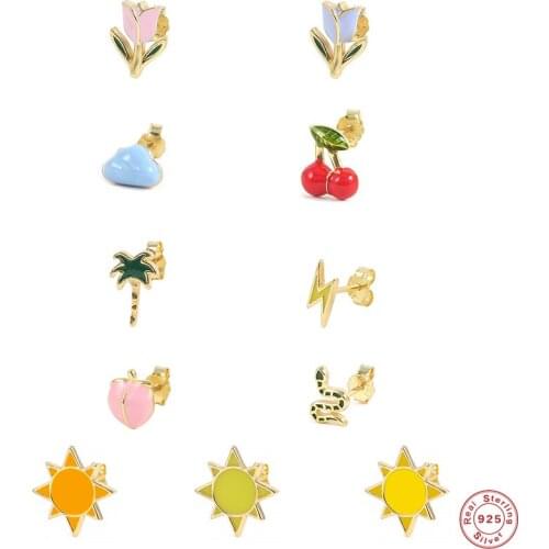 GS 1PC 925 Sterling Silver Stud Earrings Helix Cute Enamel Rose Cherry Piercing Earrings Women Fine Jewelry Cartilage Aretes