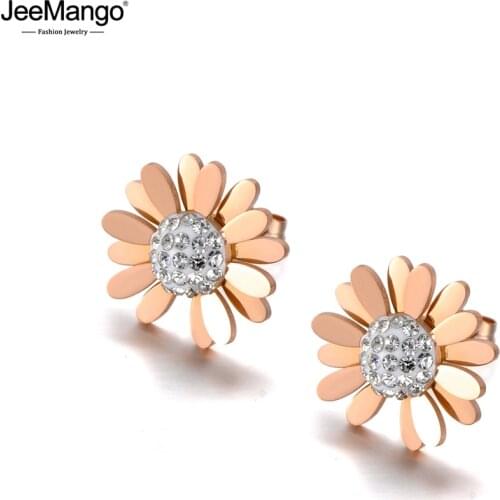 JeeMango Stainless Steel Rhinestone Small Daisy Sun Flower Stud Earrings Trendy Plant Earrings Jewelry For Women Girls JE20097