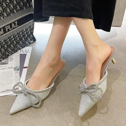 Women Slippers Sequin High Heel Slippers Women Pointed Toe Crystal Bow Knot Decor Sandals Summer Sexy Party Shoes Lazyman Mules