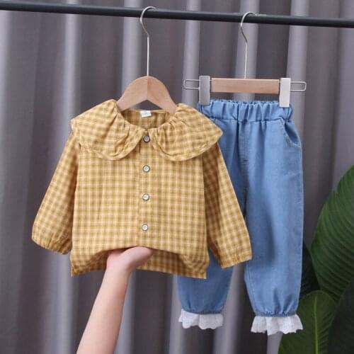 Plaid Baby Clothing Girls Outfit Fashion Lotus Leaf Collar Shirt + Jeans 2 PCS/Set Children Costume for 1-4Y Kids Clothes Set