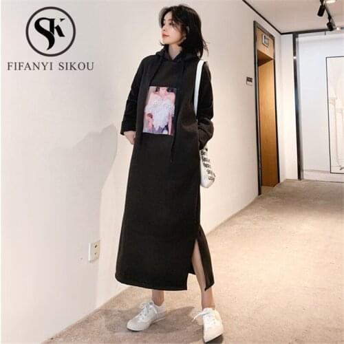 2020 Autumn Winter Women Sweatshirt Dress Fashion Print Hoodies Thick Warm Pullovers Female Loose Plus Size Long Sweatshirts