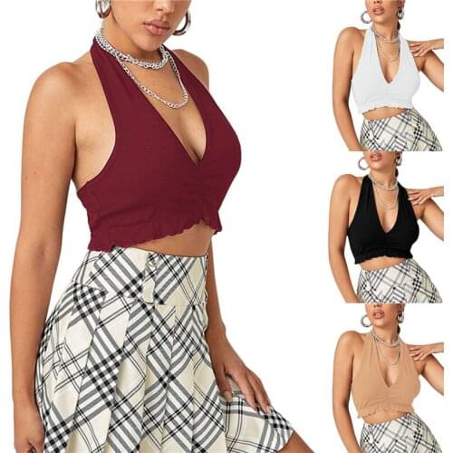 2021 women Sexy Halter V-neck Backless Tops Fashion Sleeveless Solid Color Crop Top for Ladies y2k clothes