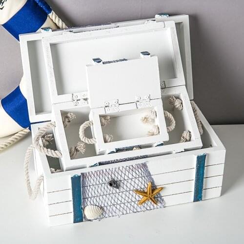 3in1Mediterranean Wooden Storage Box Home Decoration Jewelry Box 3 Sizes Marine Seabird Starfish Nets Shell Baby Room Gift