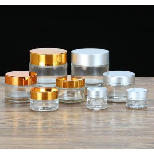 50pcs 5G 15G 20G 30G 50G transparent glass cream empty bottle / gold silver aluminum cover cosmetic packaging jar