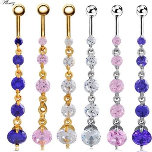 Alisouy 1pc Sexy navel ring Clear Crystal Zircon Dangle long Belly Button Rings For Female CZ Piercing belly Body Jewelry