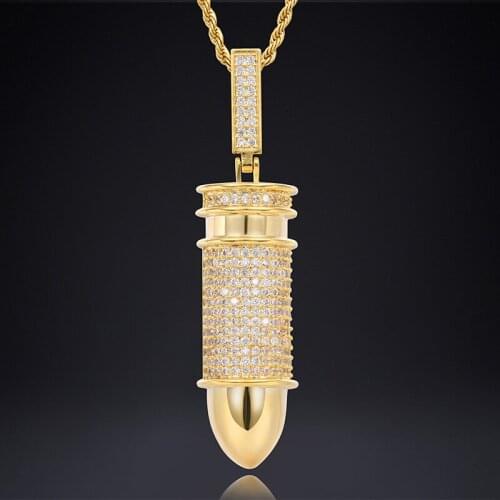 Shiny Iced Out Bling Pendant Necklace Hip Hop Jewelry Bullet Necklace Gold Silver Color Cubic Zircon Mens Women Gift