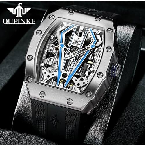 OUPINKE New Tonneau Men Automatic Mechanical skeleton Black watch Silicone Strap Sapphire Crystal Wrist Watch Steampunk 3179