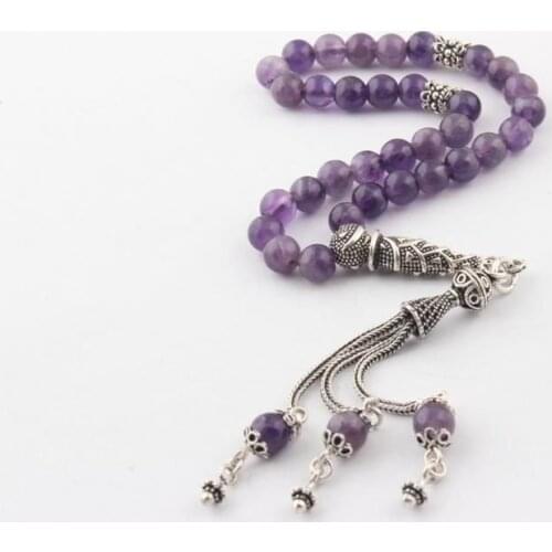 Natural Amethyst With 925 Silver Tassel 33 Bead For Prayer Tasbih Muslim Rosary Calming Men Women Meditation Jewelry From Turkey