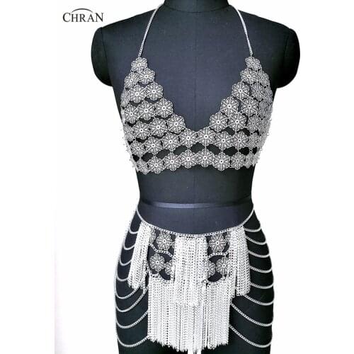 Chran Flower Chain Bra Bralete Top Disco Skirt Party Dress Beach Cover Up Ibiza Harness Necklace EDM Festival Jewelry CRS222