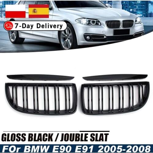 7 Color Pair Front Gloss Matt Black Carbon Fiber 2 Line Double Slat Kidney Grille Grill For BMW E90 E91 4 Door 2005 2006 07 2008