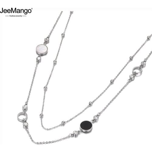 JeeMango Bohemia Stainless Steel Double-layer Choker Necklace Acrylic Shell Charm Pendant Chain & Link Jewelry For Women JN20053