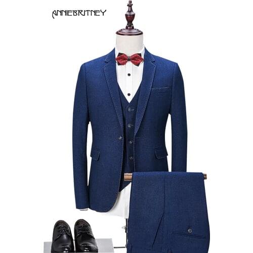 2018 New Navy Blue Wedding Suits for Men Groom Tuxedo Blazers Jacket+Pants+Vest Slim Fit Terno Masculino 3 Pieces Formal Prom