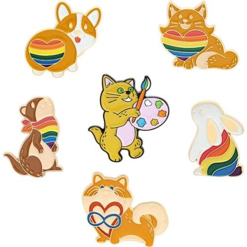 Rainbow Heart Animals Hard Enamel Pins Cat Rabbit Corgi Squirrel Brooches Women Men Lapel Badges Backpack Collar Fashion Jewelry