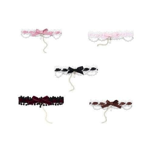 Handmade Choker Necklace Women Girl Lolitas Ruffle Lace Ribbon Straps Pearls Chain Bowknot Collar for Cosplay Party Decorations