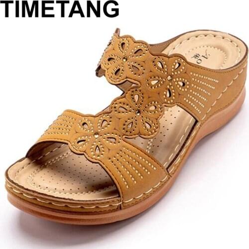 TIMETANG Womens Sandals Leather Shoes Beach Fashion Ladies Sandals Fashion Female Shoes Low Heel Soft Leather Femmes Sandales