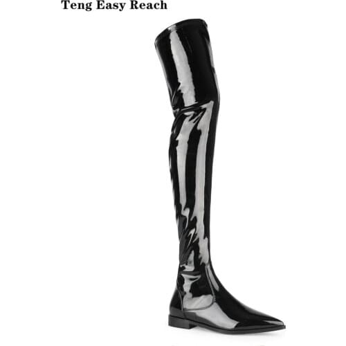 2020 New cow patent leather Women Boots Black Over the Knee Boots Sexy Female Autumn Winter lady Thigh High Boots 34-45